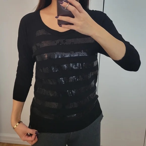 Banana Republic Sweaters - Banana Republic Sequined Striped Merino Wool 3/4 Sleeve Black Sweater Medium